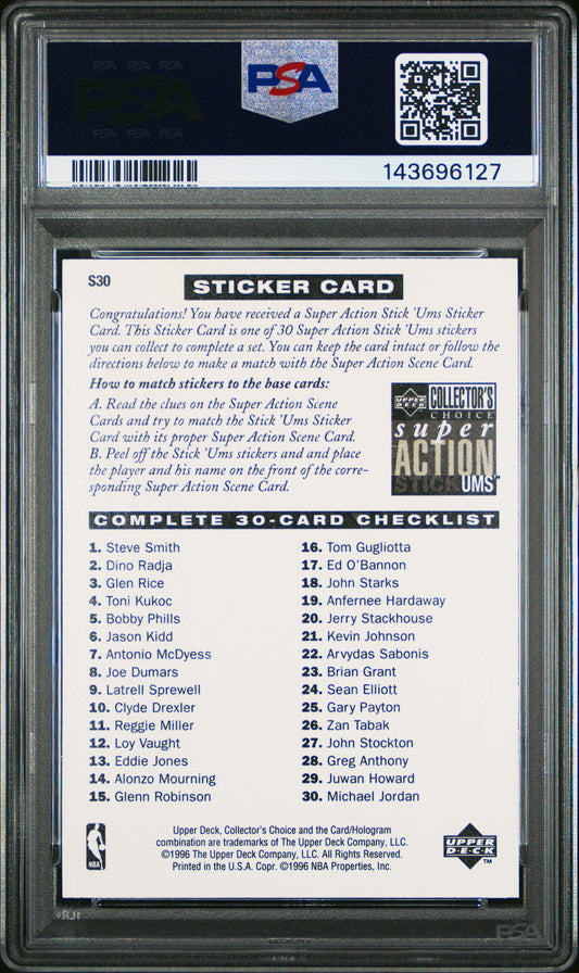 Michael Jordan 1996 Collector's Choice Stick-Ums 2 White Jersey psa 8 #S30