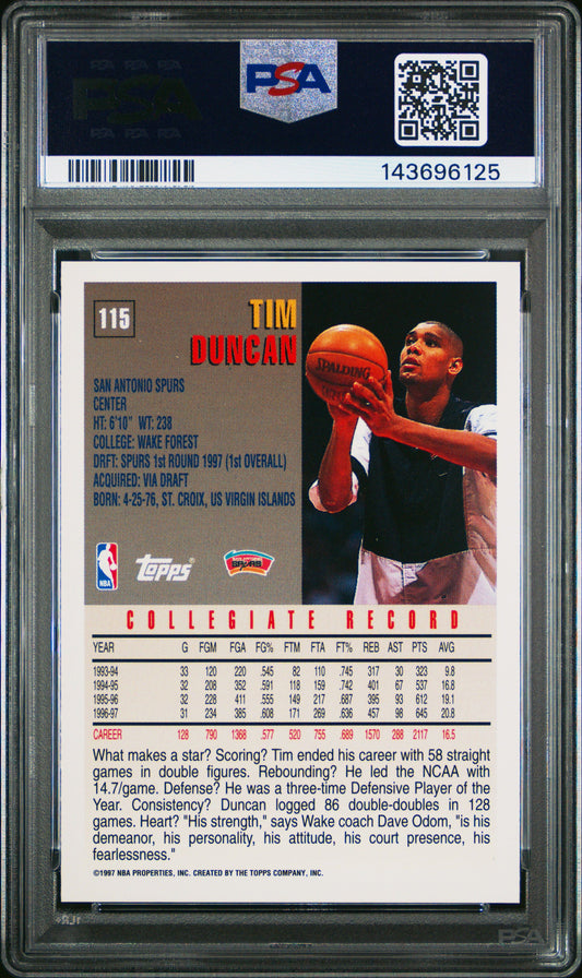 Tim Duncan 1997 Topps RC psa 10 #115 San Antonio Spurs