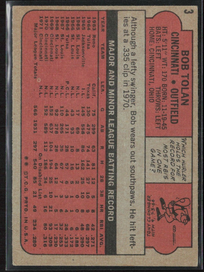 Bob Tolan 1972 Topps #3 Cincinnati Reds