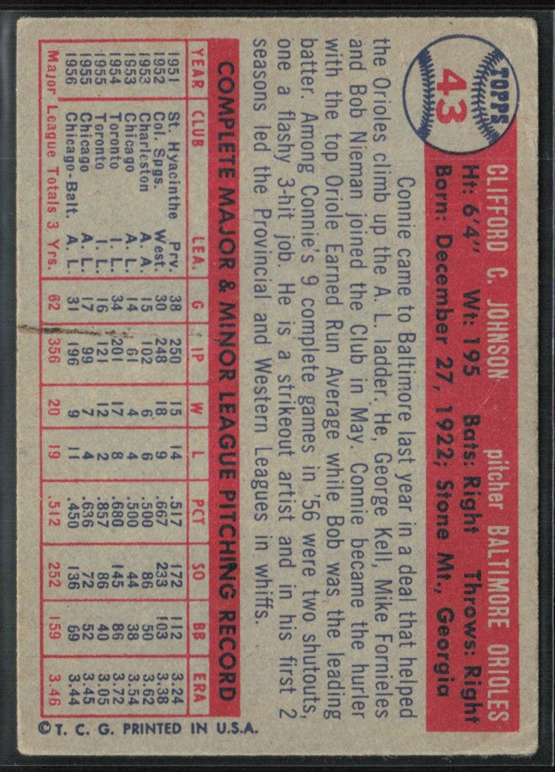 Connie Johnson 1957 Topps #43 Baltimore Orioles