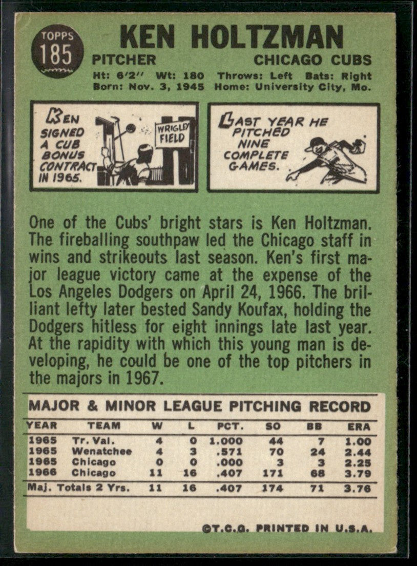 Ken Holtzman 1967 Topps RC #185 Chicago Cubs