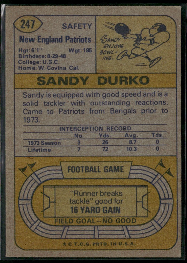 Sandy Durko 1974 Topps #247 New England Patriots