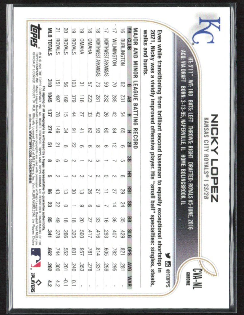 Nicky Lopez 2022 Topps Chrome AUTO #CVA-NL Kansas City Royals