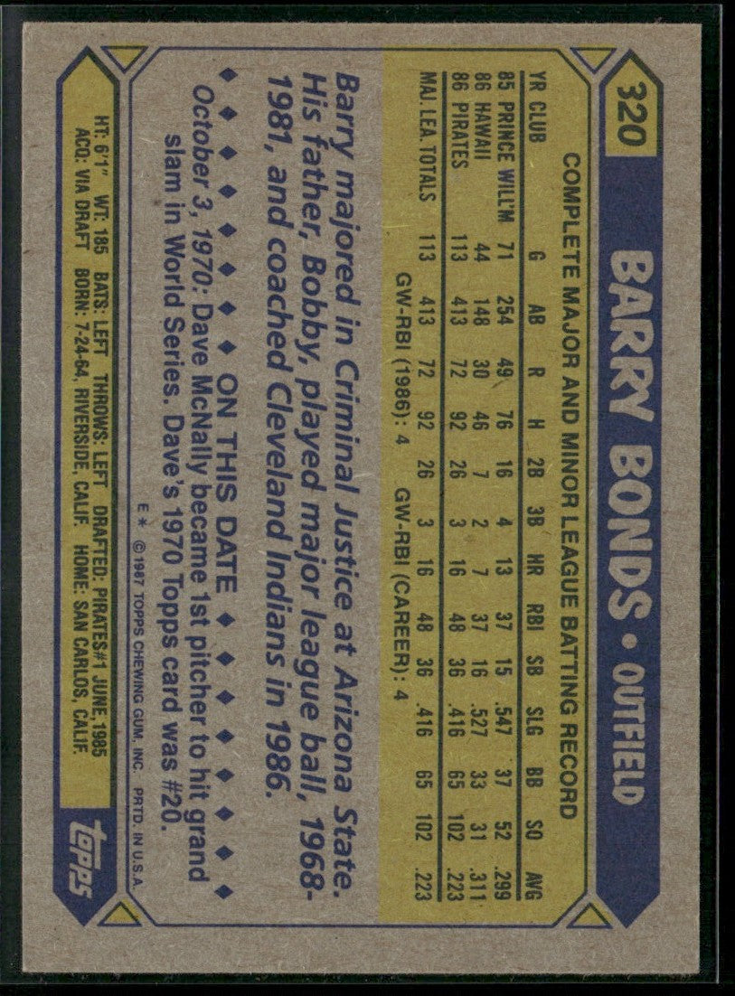 Barry Bonds 1987 Topps RC #320 Pittsburgh Pirates