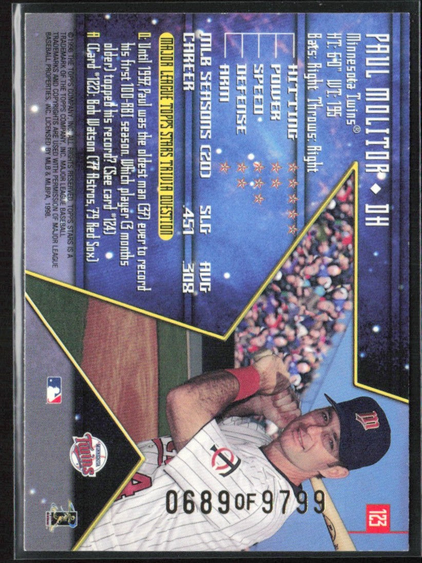 Paul Molitor 1998 Topps Stars /9799 #123 Minnesota Twins