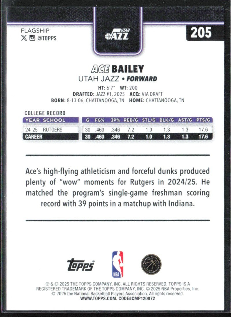 Ace Bailey 2025 Topps RC #205 Utah Jazz