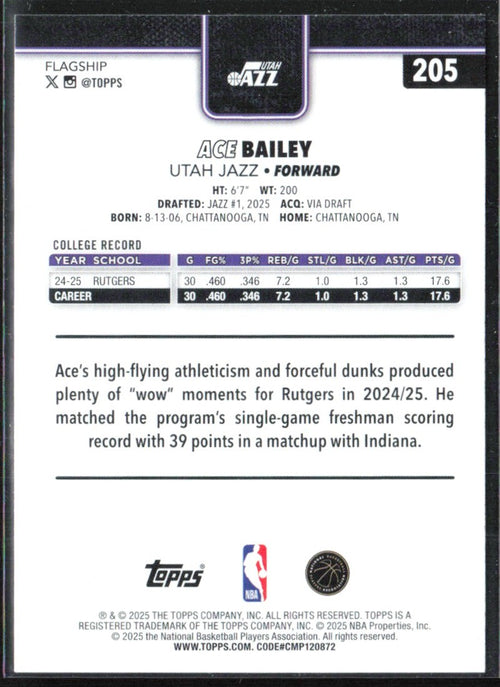 Ace Bailey 2025 Topps RC #205 Utah Jazz