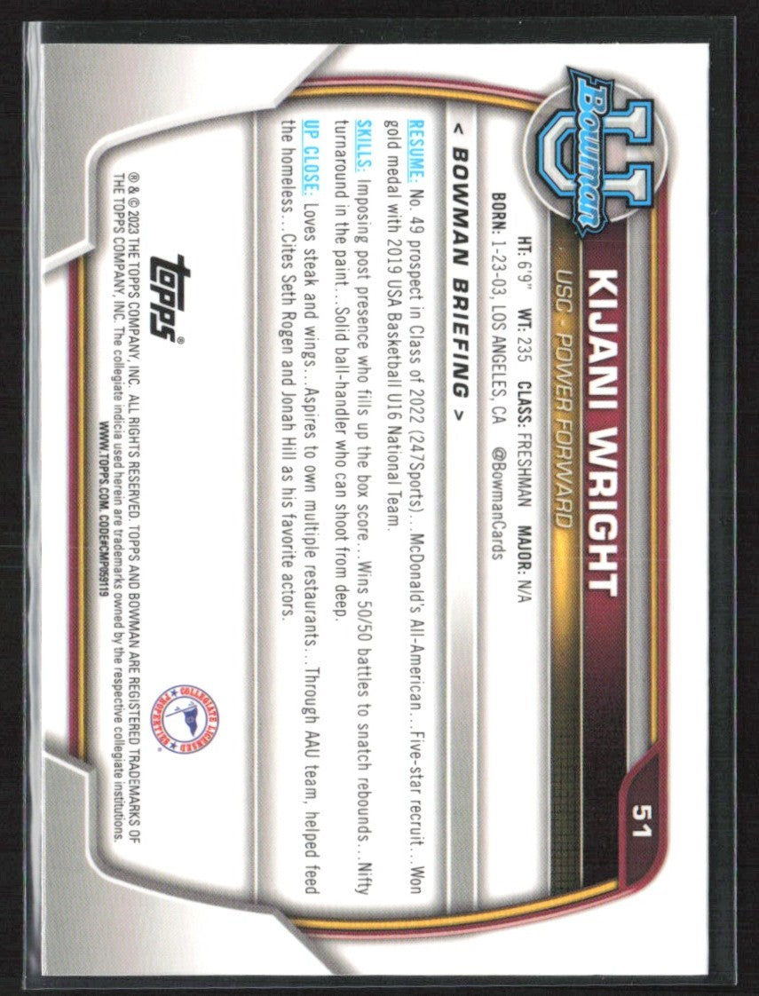 Kijani Wright 2022 Bowman U Chrome 1st Pink Refractor #51 USC Trojans