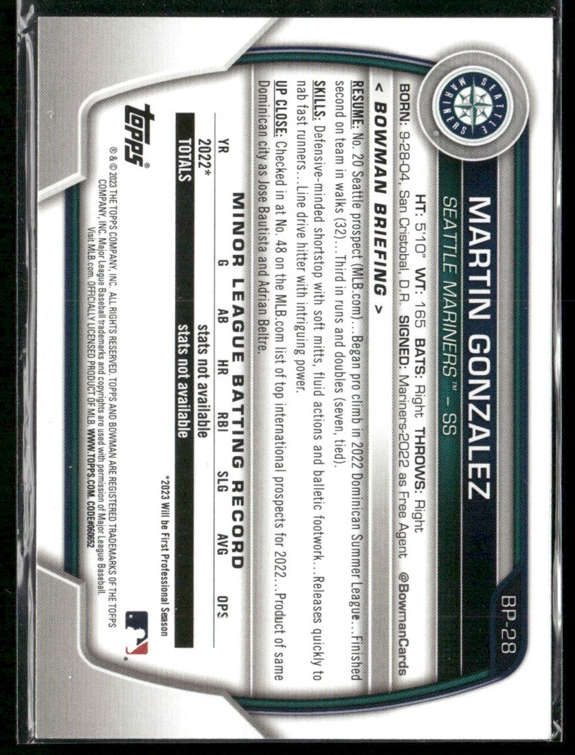 Martin Gonzalez 2023 Bowman Neon Green 1st /399 #BP-28 Seattle Mariners