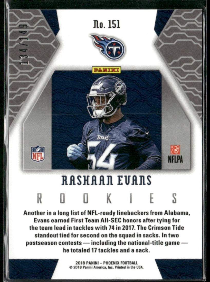 Rashaan Evans 2018 Panini Phoenix Purple RC /149 #151 Tennessee Titans