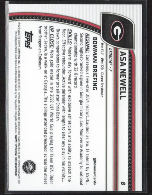 Asa Newell 2024 Bowman University Chrome #8 Georgia Bulldogs