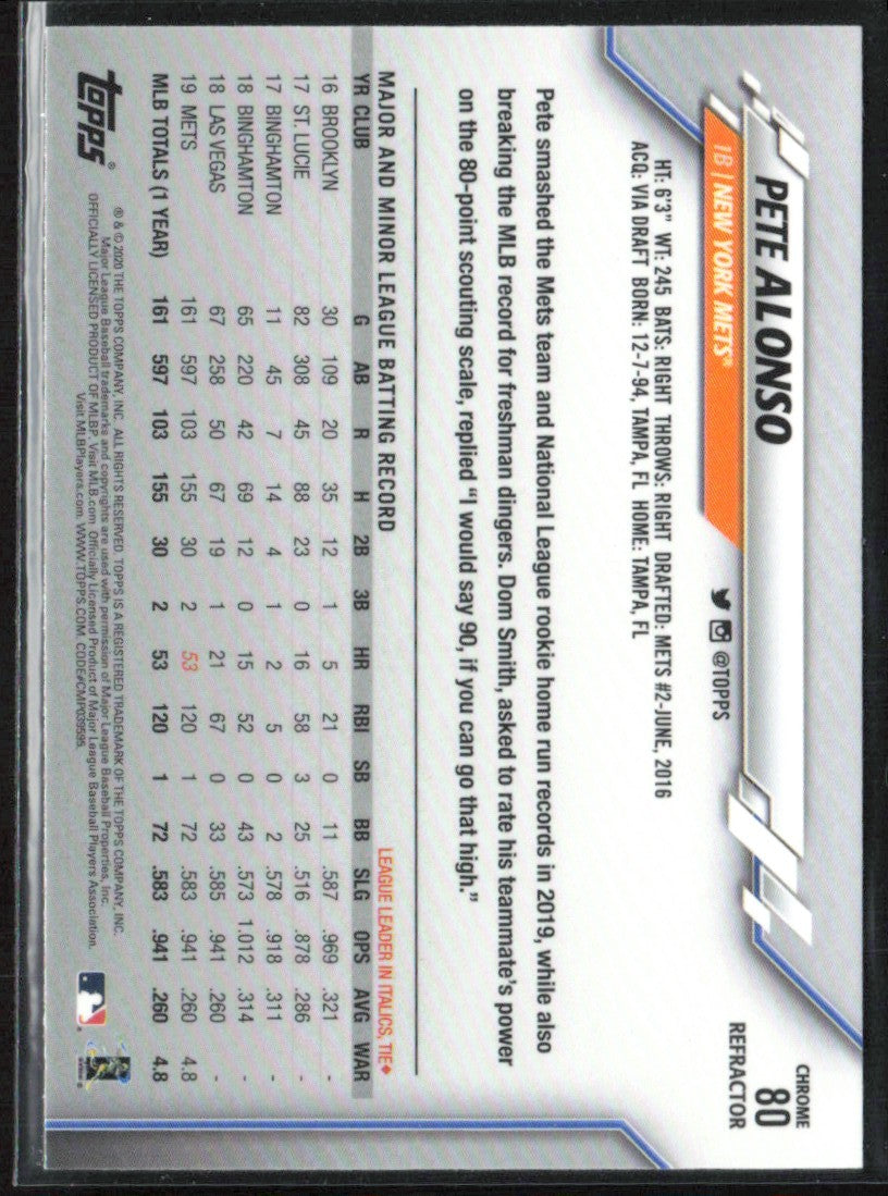 Pete Alonso 2020 Topps Chrome Refractor #80 New York Mets
