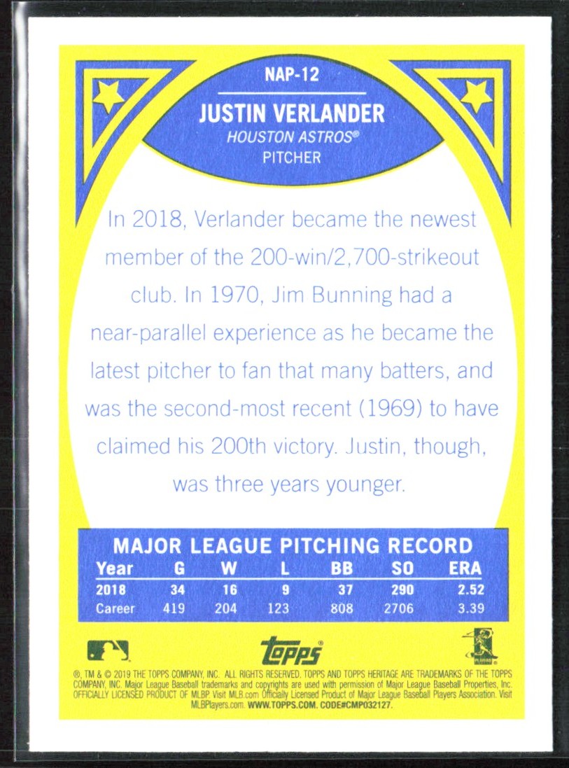Justin Verlander 2019 Topps Heritage New Age Performers #NAP-12 Houston Astros