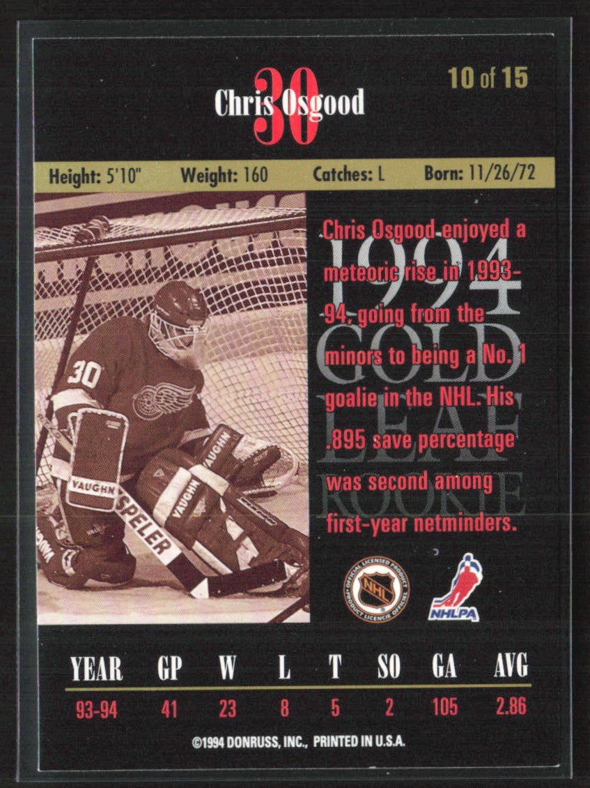 Chris Osgood 1994 Leaf Gold RC #10 Detroit Red Wings