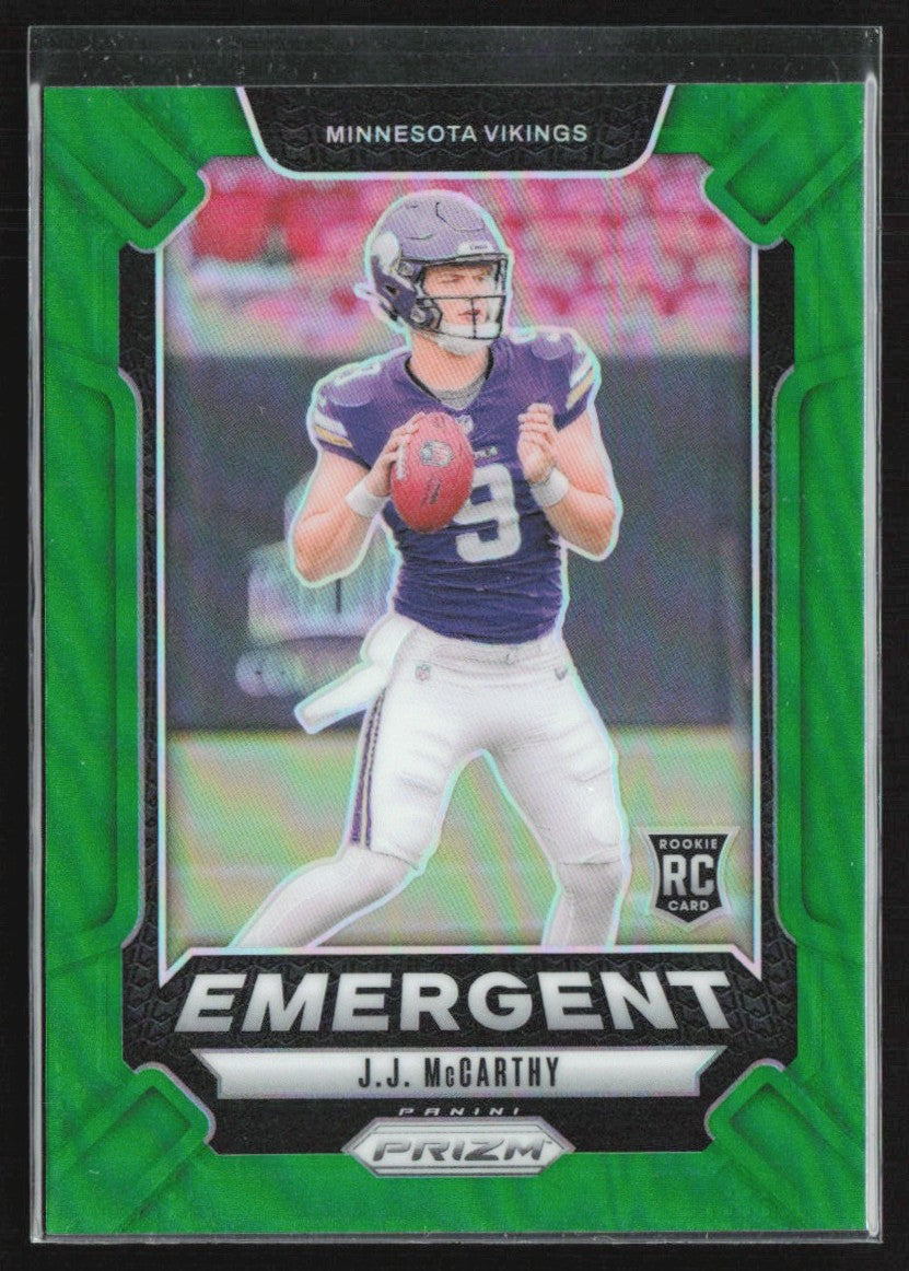 J.J. McCarthy 2024 Panini Prizm Emergent Green RC #19 Minnesota Vikings