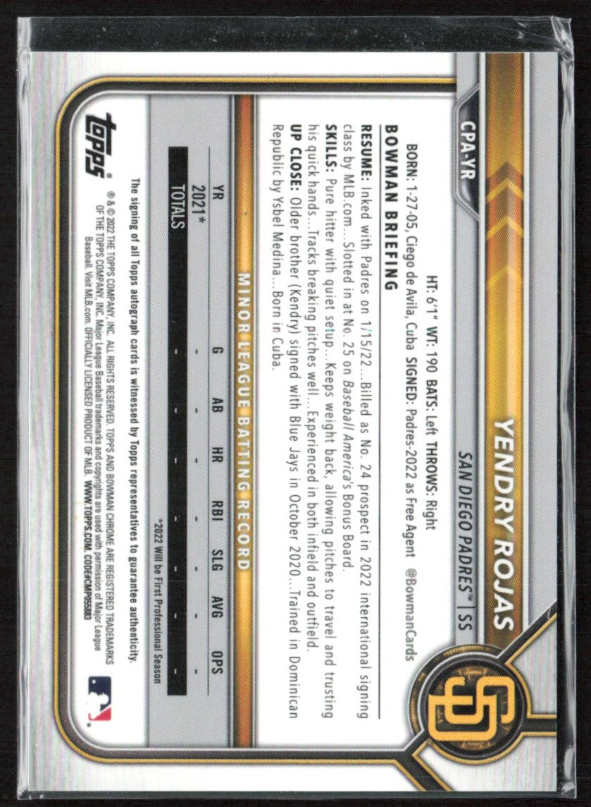 Yendry Rojas 2022 Bowman Chrome 1st Blue Refractor AUTO /150 #CPA-YR