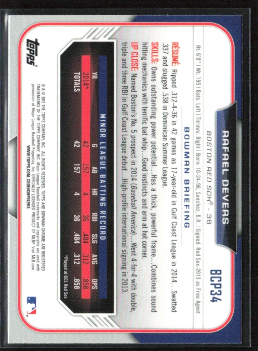 Rafael Devers 2015 Bowman Chrome #BCP34 Boston Red Sox