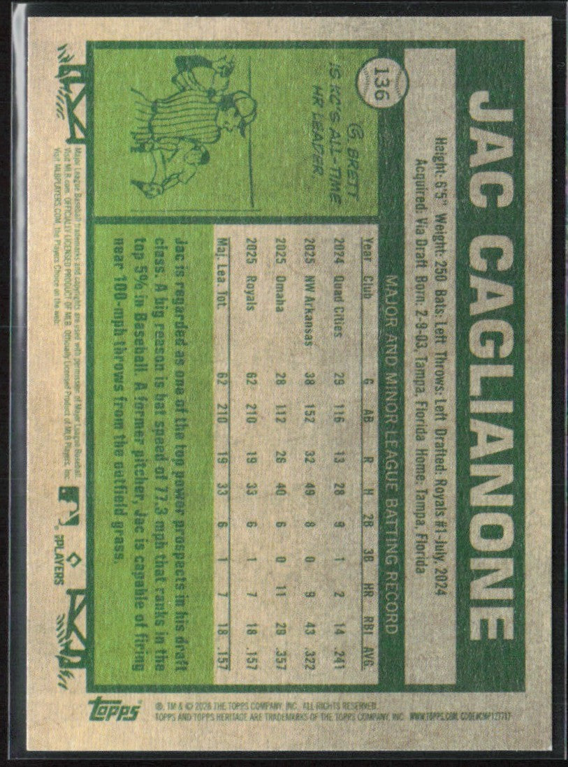 Jac Caglianone 2026 Topps Heritage RC #136 Kansas City Royals