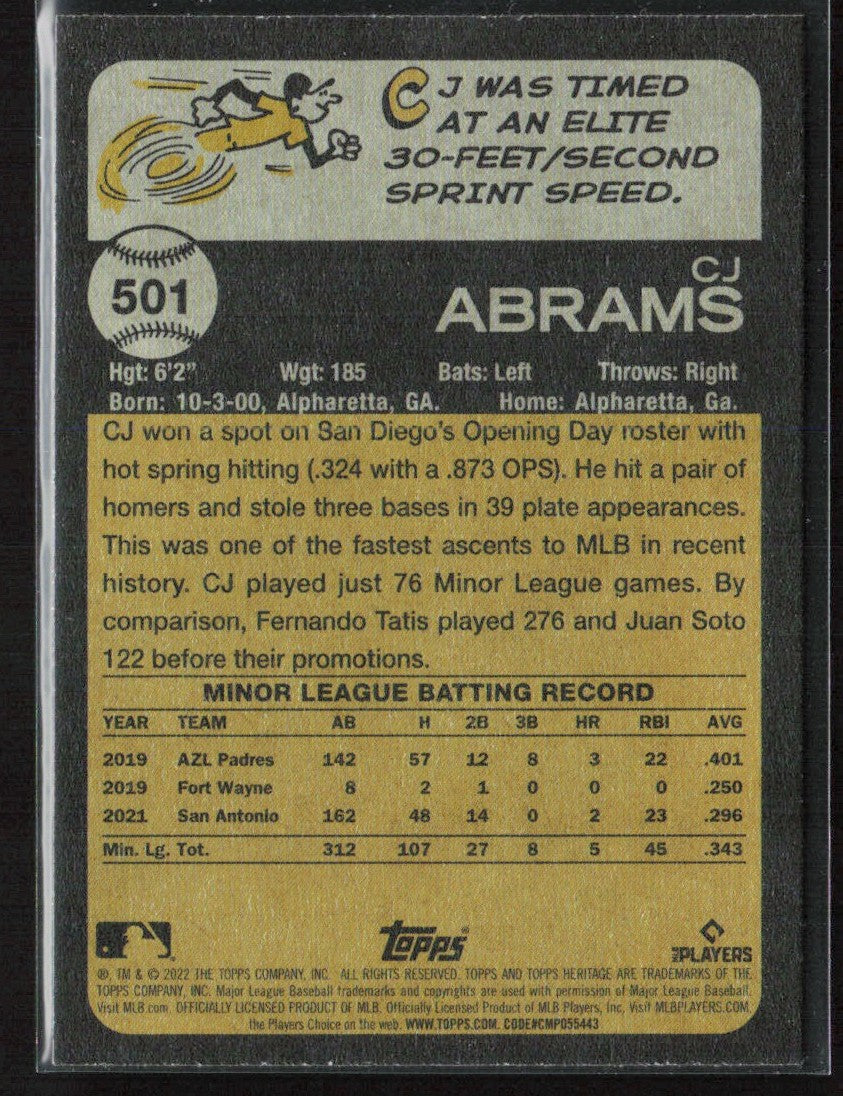 CJ Abrams 2022 Topps Heritage High Number RC #501 Washington Nationals