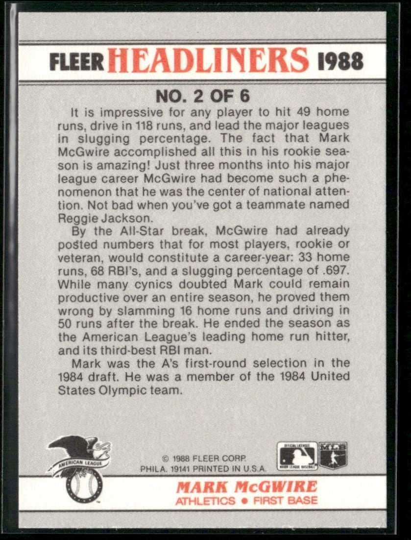 Mark McGwire 1988 Fleer Headliners #2 Oakland Athletics