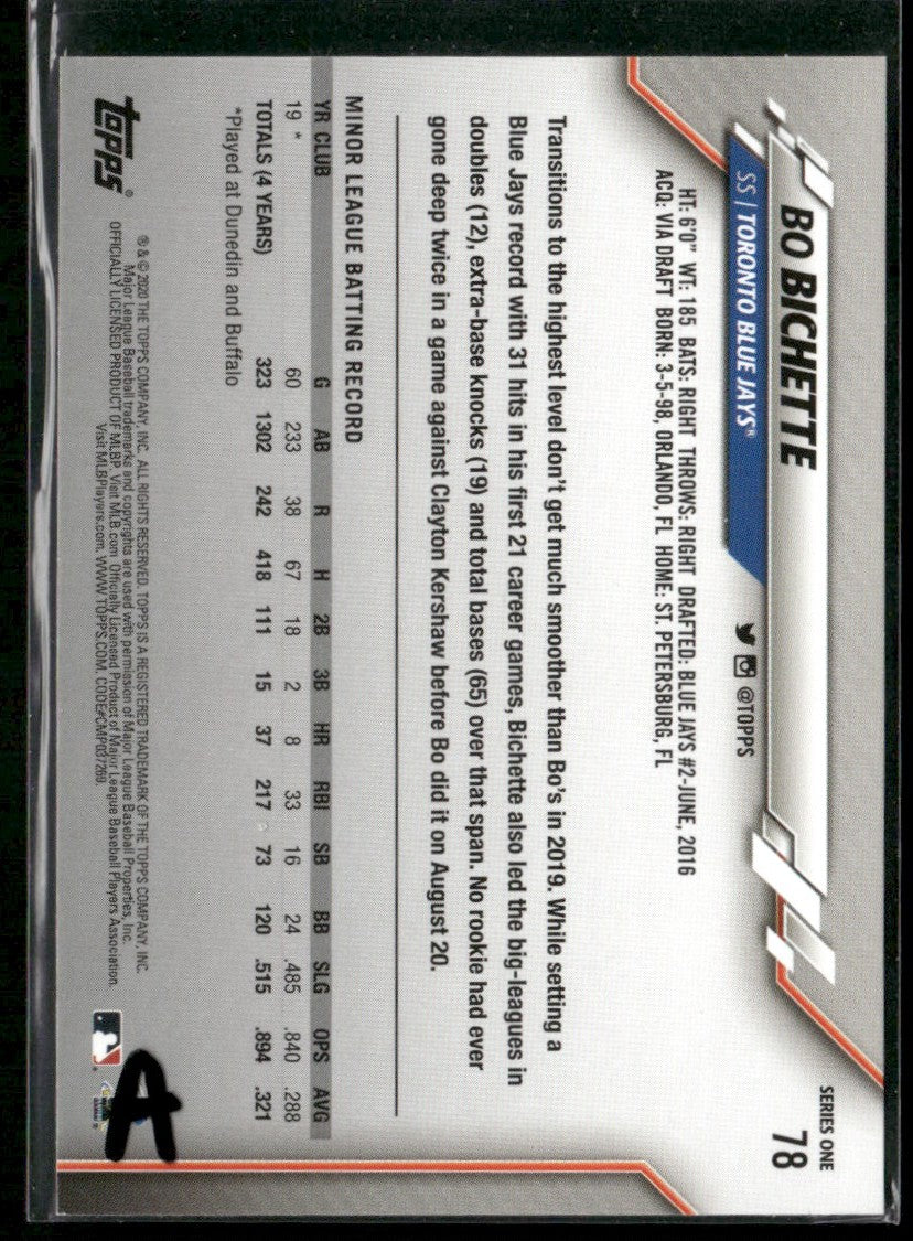 Bo Bichette 2020 Topps RC #78 Toronto Blue Jays