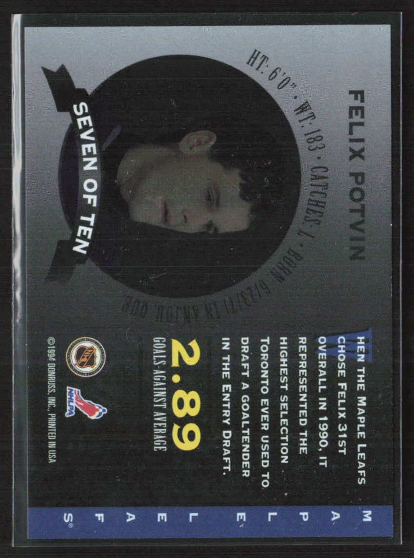 Felix Potvin 1994 Donruss Masked Marvels #7 Toronto Maple Leafs