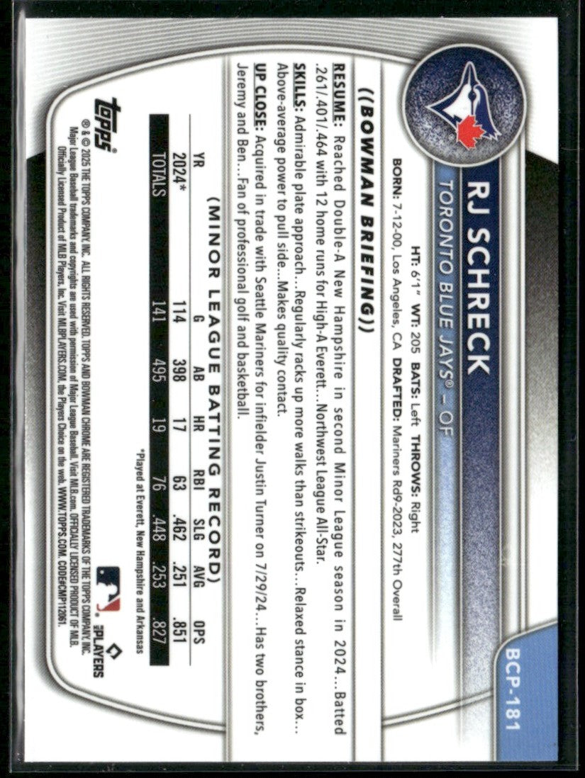 RJ Schreck 2025 Bowman Chrome 1st #BCP-181 Toronto Blue Jays