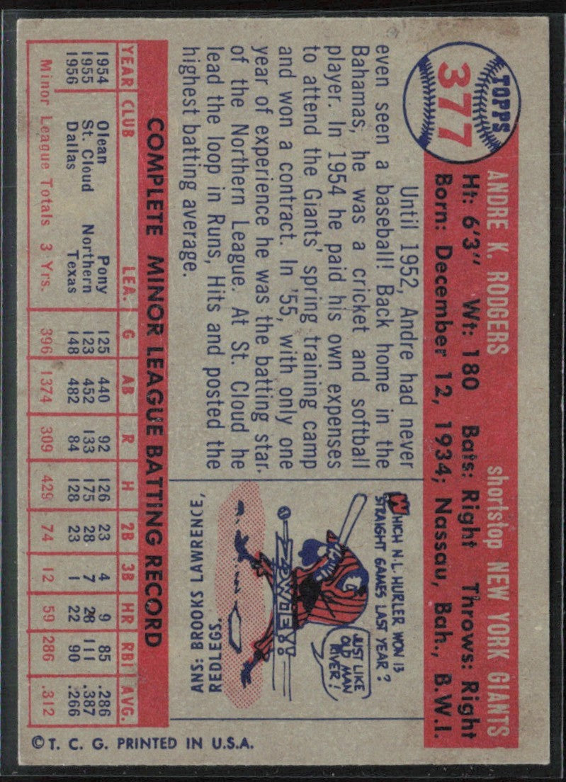 Andre Rodgers 1957 Topps RC #377 New York Giants