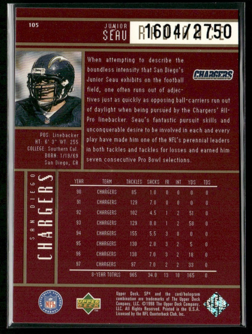 Junior Seau 1998 SPx Finite Radiance /2750 #105 San Diego Chargers