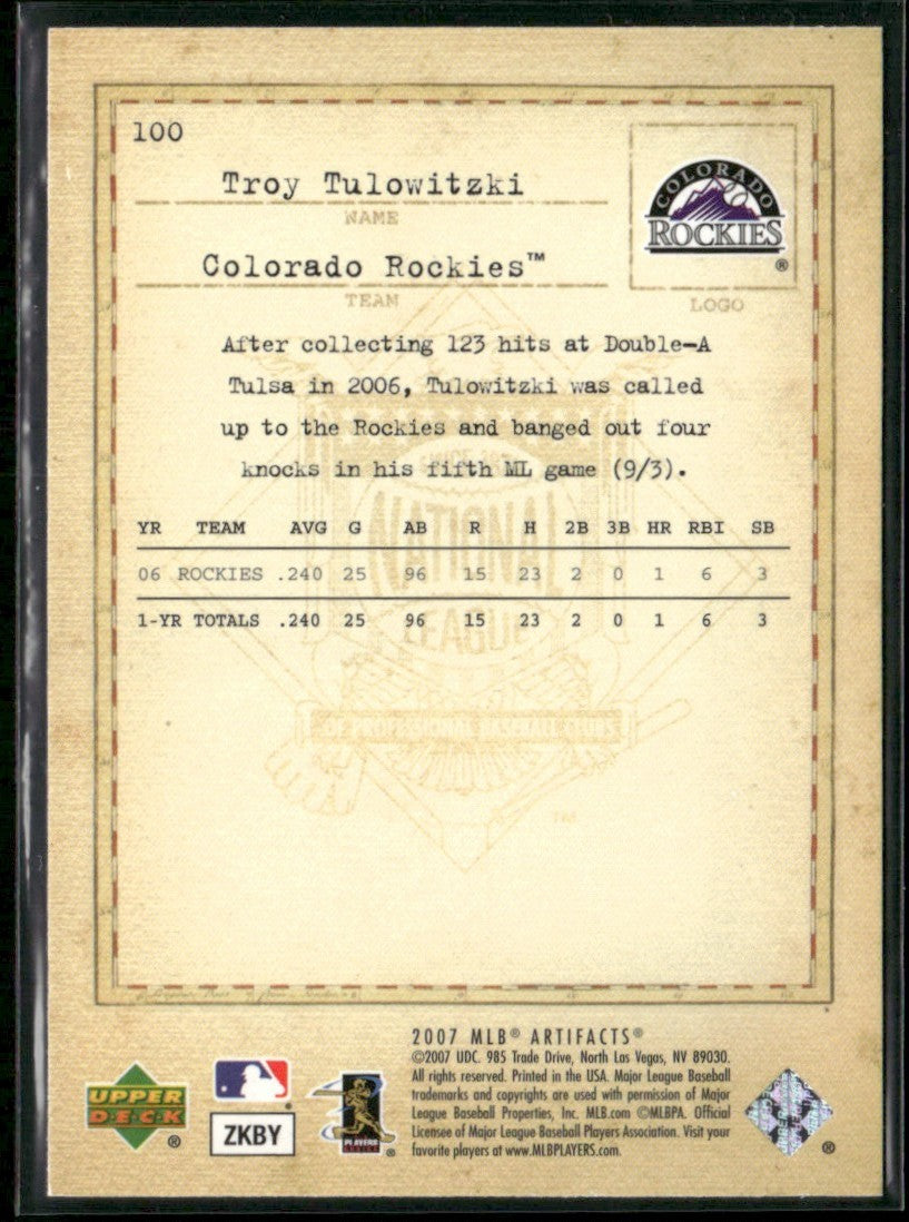 Troy Tulowitzki 2007 Upper Deck Artifacts #100 Colorado Rockies