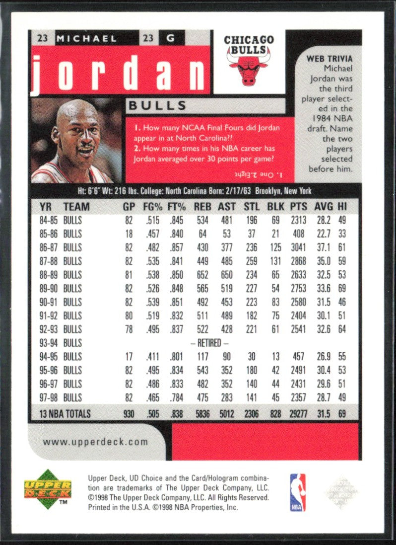 Michael Jordan 1998 UD Choice Preview #23 Chicago Bulls