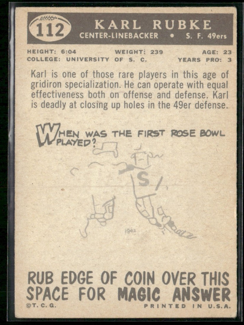 Karl Rubke 1959 Topps RC #112 San Francisco 49ers