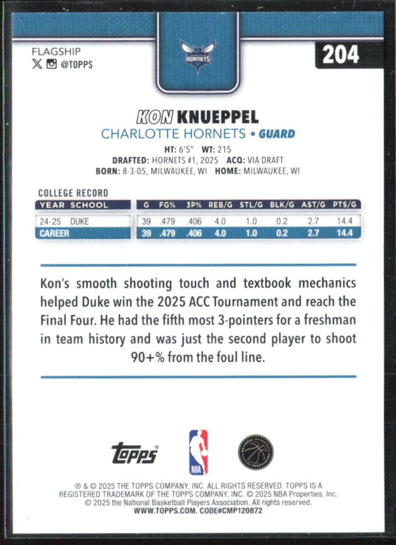 Kon Knueppel 2025 Topps RC #204 Charlotte Hornets