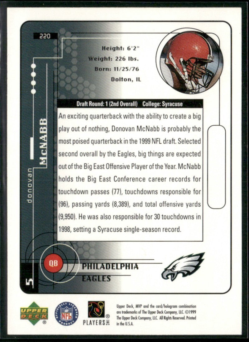 Donovan McNabb 1999 Upper Deck MVP RC #220 Philadelphia Eagles