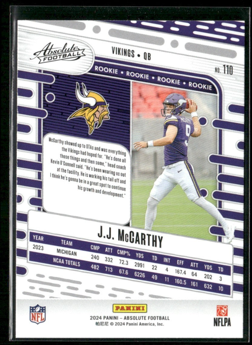 J.J. McCarthy 2024 Panini Absolute #110 Minnesota Vikings