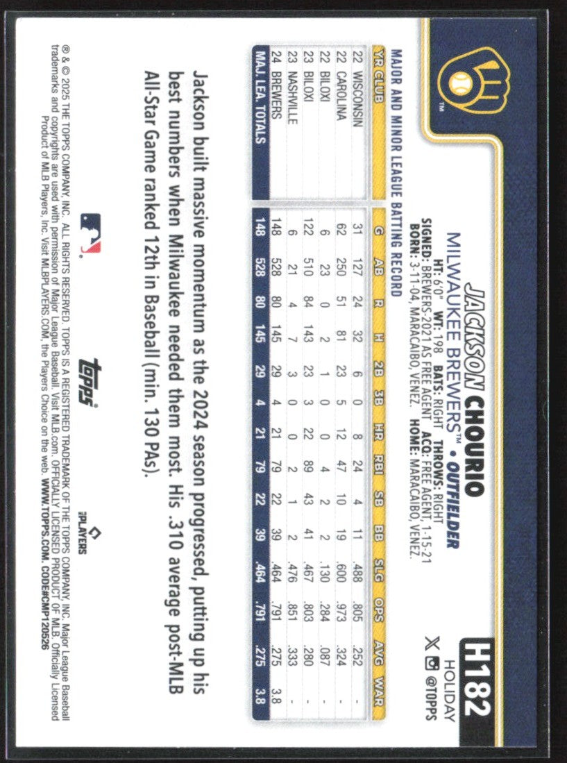 Jackson Chourio 2025 Topps Holiday Gold Holiday Lights #H182 Milwaukee Brewers