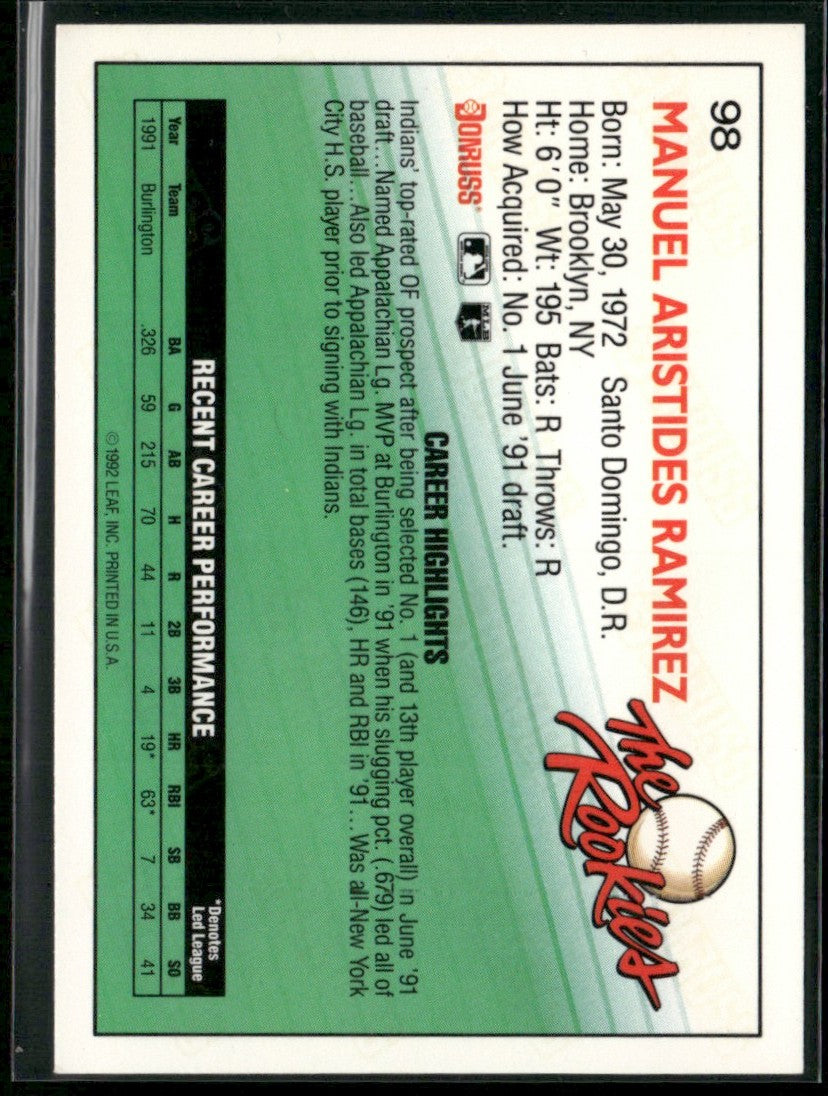 Manny Ramirez 1992 Donruss The Rookies RC #98 Cleveland Indians
