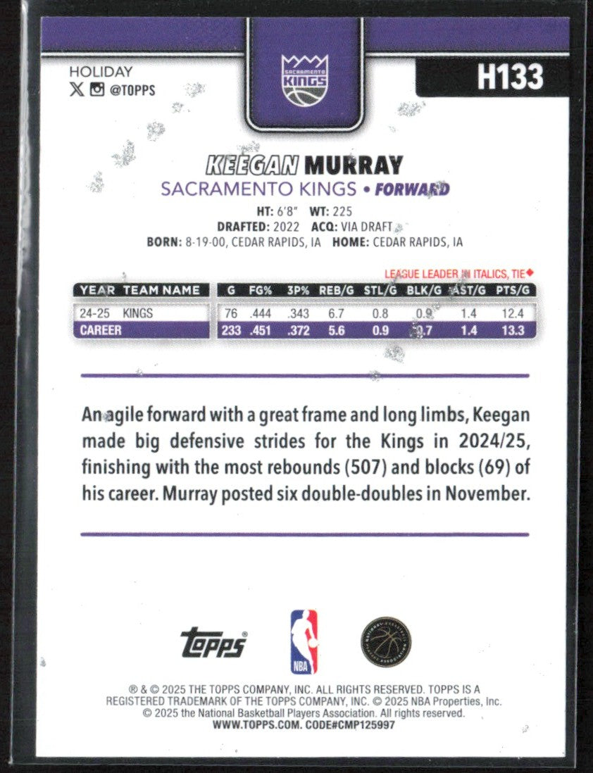 Keegan Murray 2025 Topps Holiday Silver Glitter #H133 Sacramento Kings