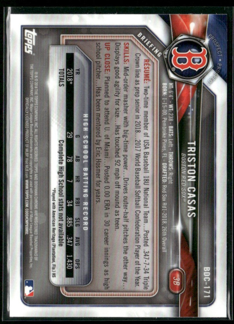 Triston Casas 2018 Bowman Draft Chrome 1st #BDC-171 Boston Red Sox