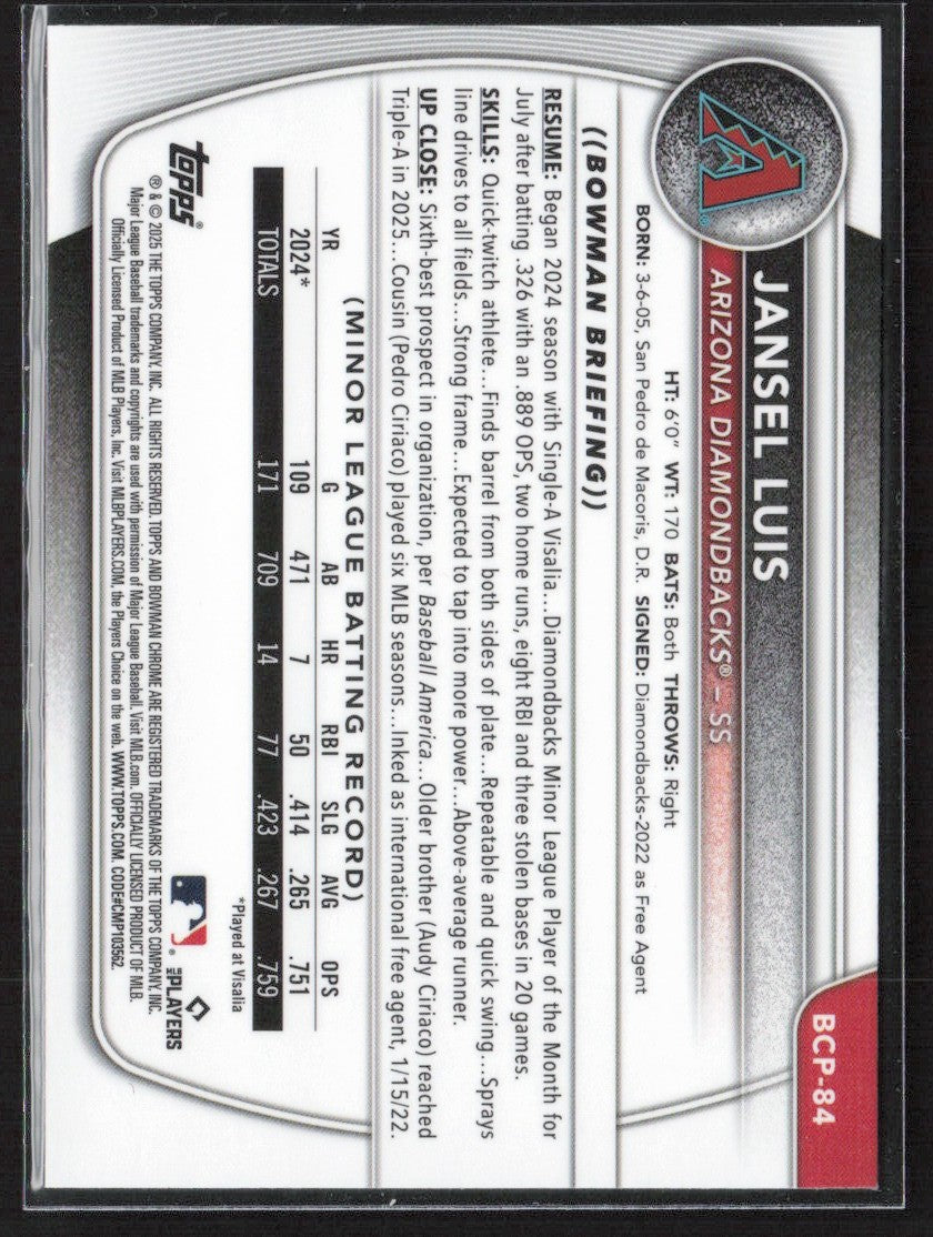Jansel Luis 2025 Bowman Chrome 1st Mojo Refractor #BCP-84 Arizona Diamondbacks