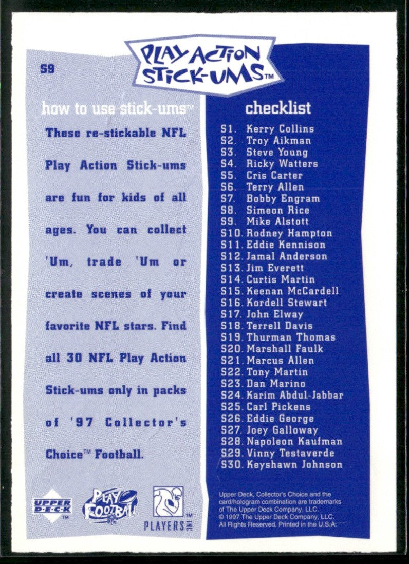 Mike Alstott 1997 Collector's Choice Stick-Ums #S9 Tampa Bay Buccaneers