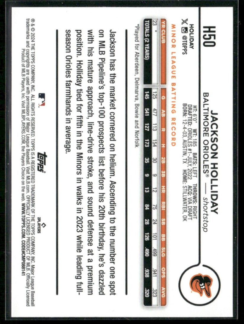 Jackson Holliday 2024 Topps Holiday RC #H50 Baltimore Orioles