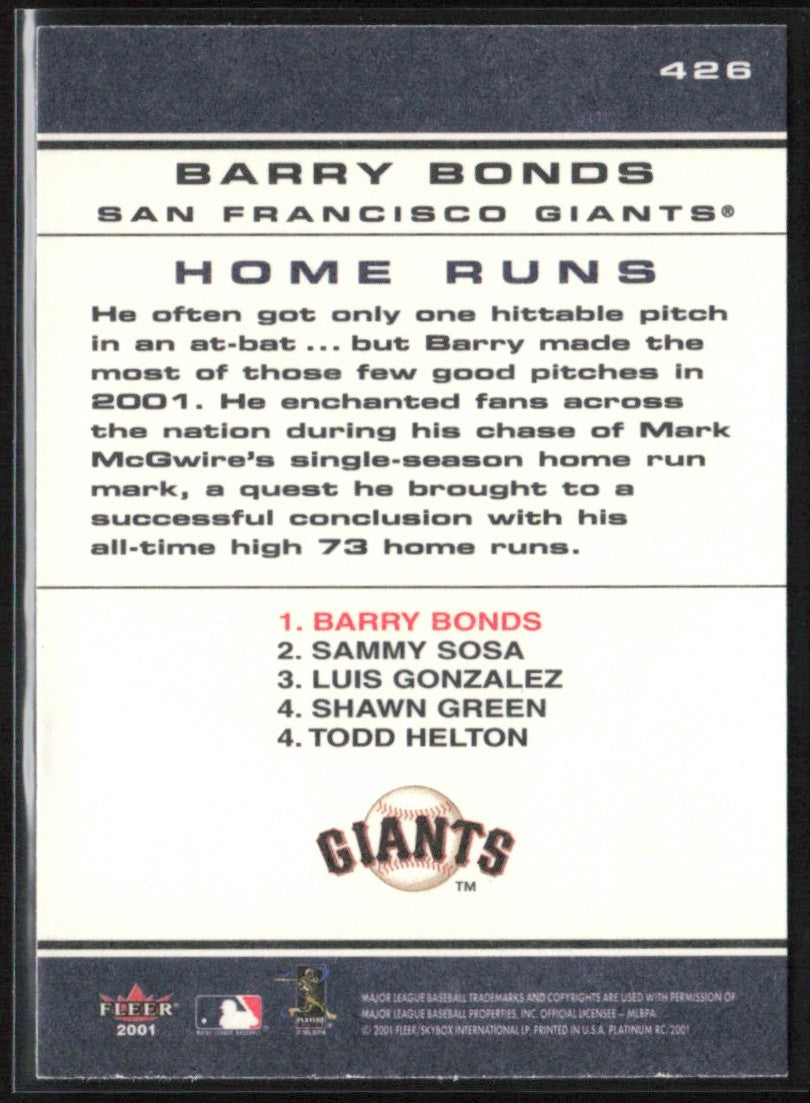 Barry Bonds 2001 Fleer Platinum #426 San Francisco Giants