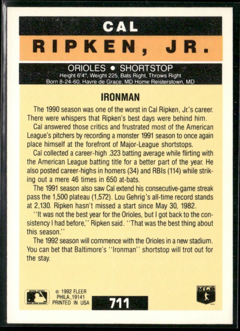 Cal Ripken, Jr. 1992 Fleer #711 Baltimore Orioles