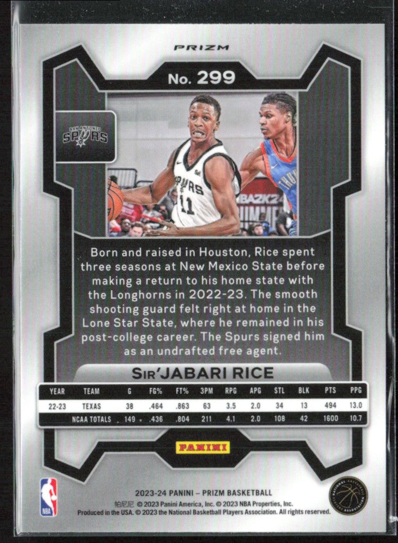 Sir'Jabari Rice 2023 Panini Prizm Silver RC #299 San Antonio Spurs