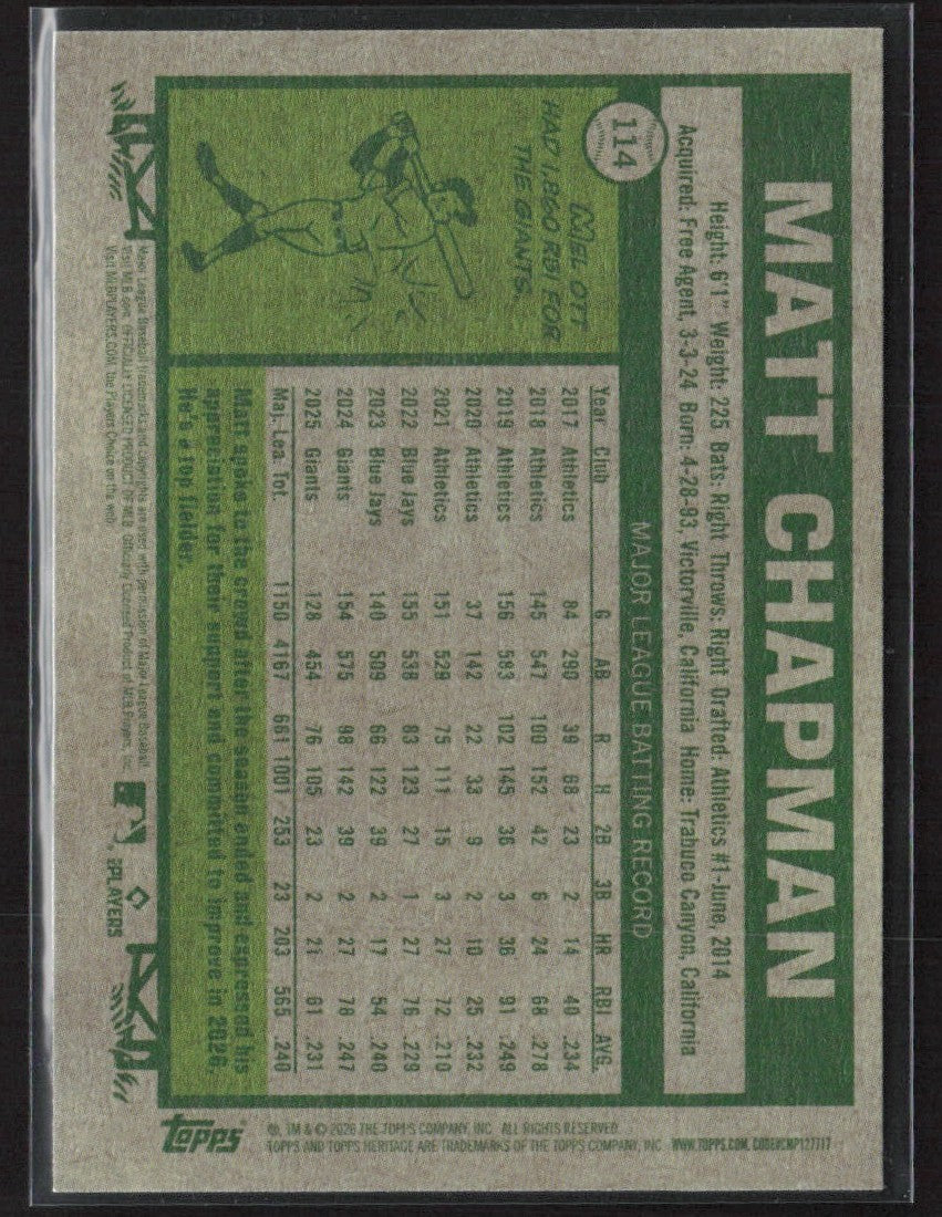 Matt Chapman 2026 Topps Heritage Dark Green Border #114 San Francisco Giants