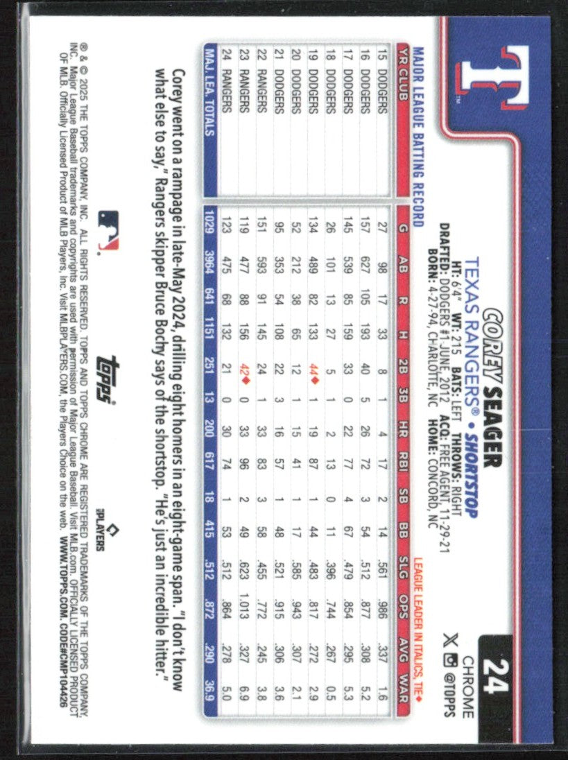 Corey Seager 2025 Topps Chrome Prism Refractor #24 Texas Rangers
