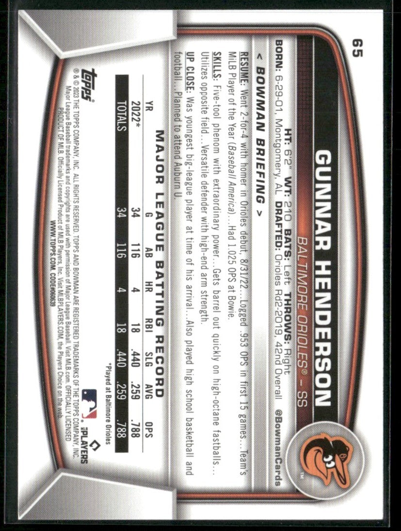 Gunnar Henderson 2023 Bowman RC #65 Baltimore Orioles