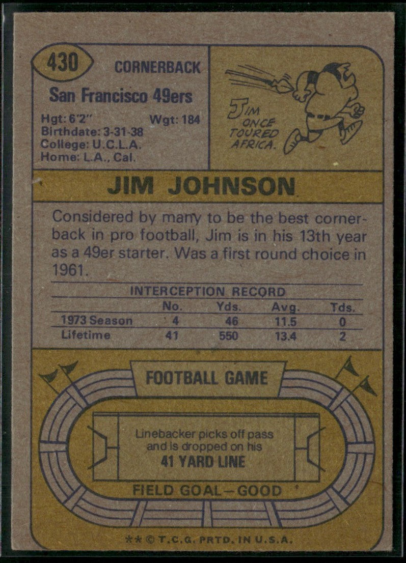 Jim Johnson 1974 Topps #430 San Francisco 49ers