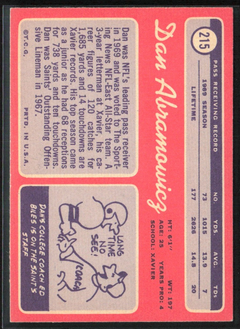 Dan Abramowicz 1970 Topps #215 New Orleans Saints